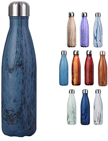 JK Home 500ml Bouteille d'eau Isothermes Gourdes Acier Inoxydable Extérieur Fitness Bois Bleu Marine