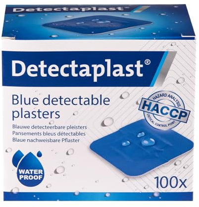 Detectaplast Pflaster sensitiv wasserfest Universal, blaue Wundpflaster für den Umgang mit Lebensmitteln, detektierbare Pflaster für Erste Hilfe Sets in der Gastronomie, 38 x 38 mm, 100 Stück