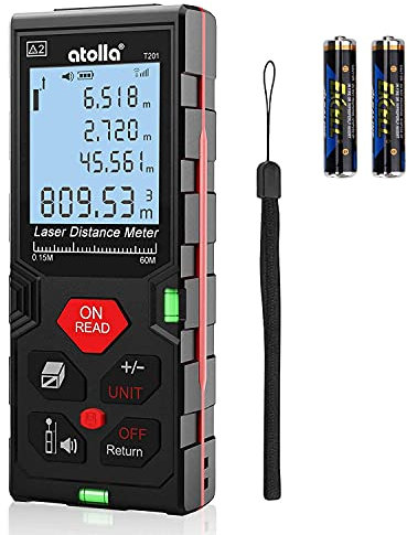 Medidor Láser de Distancia, atolla Medidor Láser 60M/±2 mm con Función de Almacenamiento de Datos M/In/Ft, Medición de Longitud, Área, Volumen, Telémetro Láser con Función de Silencio Protección IP54