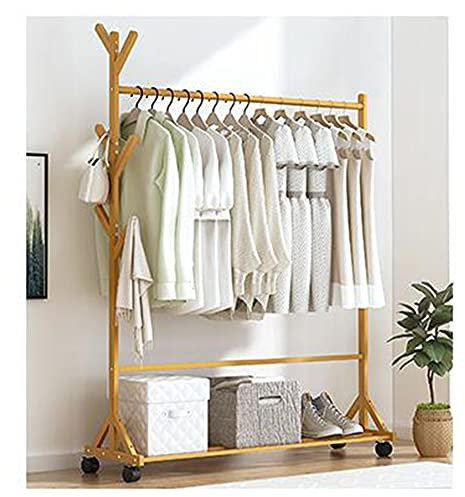 LINGOSHUN Freistehender KleiderstäNder,Bambusbaum-Aufbewahrungsregale und 6 Haken Kleiderstangen,Tragbare Garderobenständer mit RäDern/如图 / 60 * 35 * 155cm