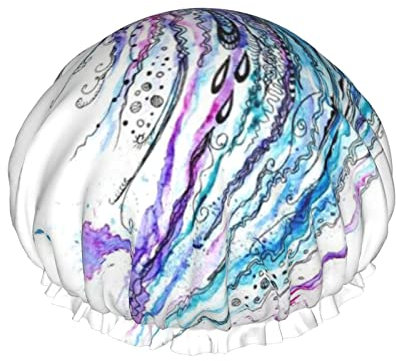 Shower Cap,Jellyfish Printed Nightcap Double Layer Waterproof Elastic Bath Cap Reusable Bathing Hair Cap