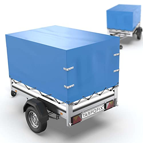 Tarpofix® Anhänger Plane 209x114x65 cm inkl. Planenseil | Anhängerplane Hochplane aus PVC PLANENMATERIAL | Verstärkte Stema Hänger Abdeckplane für 750kg PKW Autoanhänger | Abdeckung Blau