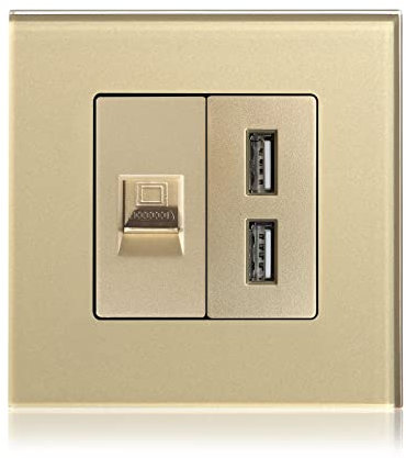 BSEED PC + 3.1A USB Crystal Frame RJ45 Cat5E Prise murale Ethernet et 2 prises de charge USB - Doré