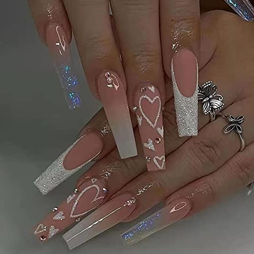 Carufin 24 Stücke Kronenlippen Lange Sargnägel Glänzendes Herz Französische Kunstnägel Acryl Falsche Nägel Drücken Sie auf den Nägeln Ballett Falsche Nägel für Frauen Mädchen (D)