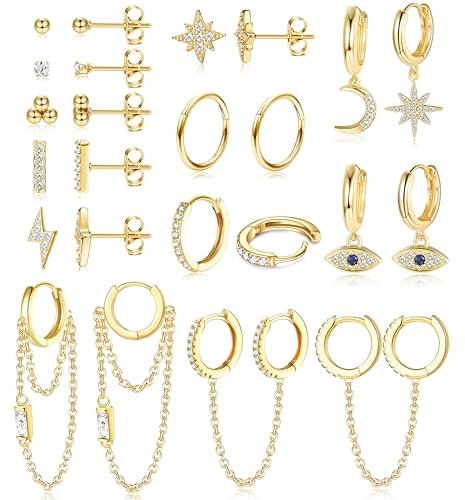 JeweBella 12Paar Kleine Ohrstecker Damen Set Edelstahl Mini Creolen Anhänger mit Kette Stern Mond Ohrringe Hypoallergen Zirkon Ball Evil Eye Ohrringe Set Gold/Silber