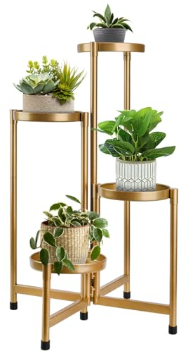 HOEGMST Pflanzenständer mit 4 Etagen, für drinnen und draußen, 78,9 cm hoch, Metall, wasserdicht, Pflanzenhalter mit klappbarem Design für Zuhause, Wohnzimmer, neues Upgrate Gold