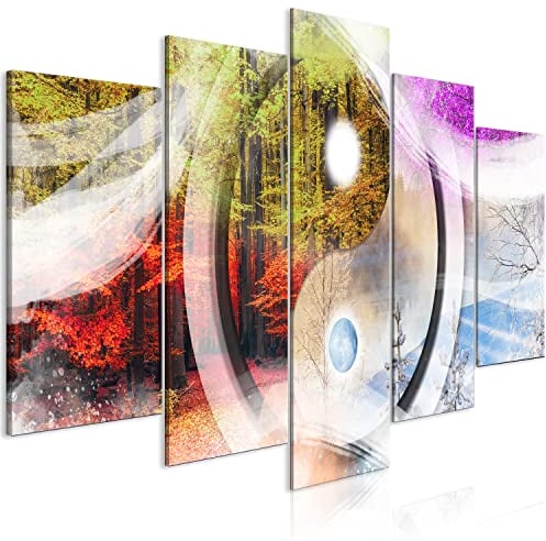 B&D XXL - Wandbilder XXL Abstrakt 150x75 cm Vlies Leinwandbild 5 tlg Kunstdruck modern Wandbilder XXL Wanddekoration Design Wandbild - Yin Yang vier Jahreszeiten Baum Wald c-C-10060-b-a