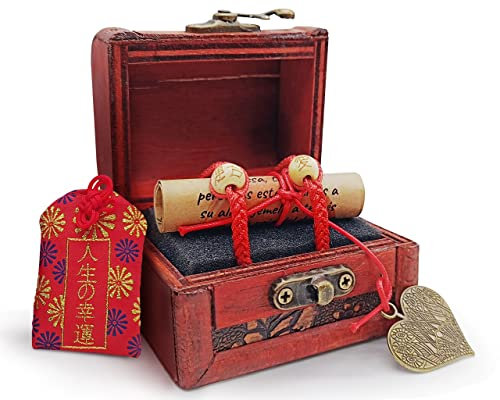 Bracciali della Leggenda del Filo Rosso del Destino con Forziere del Tesoro, Amuleto dell'Amore e Omamori. Regali originali per donna e uomo, anniversario coppia, regali di San Valentino, Legno