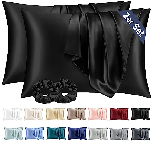 Vielit 2er Set Satin Kissenbezug 50x70 Schwarz, Weich wie Seidenkissenbezug,Bessere Pflege als Silk Pillosecase,Satin Kopfkissenbezug 50x70 Kissenhülle für Haar und Haut mit 2 Haargummis