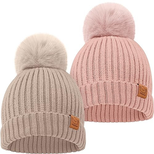 KeaBabies 2-Pack Baby Mütze Mädchen, Jungen - Süß Neugeborene Babymütze, Weich und Komfortabel Beanie Kinder, Mütze Jungen, Wintermütze Baby, Beanie Mütze Kinder Herbst, Kindermütze (Fawn)