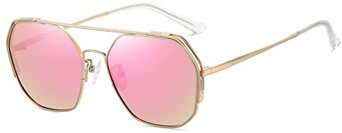 SHES Lunettes de soleil polarisées polygonales à double pont pour femme Lunettes de soleil aviateur Monture hexagonale SH3016, Monture dorée et verres roses Revo, 133mm