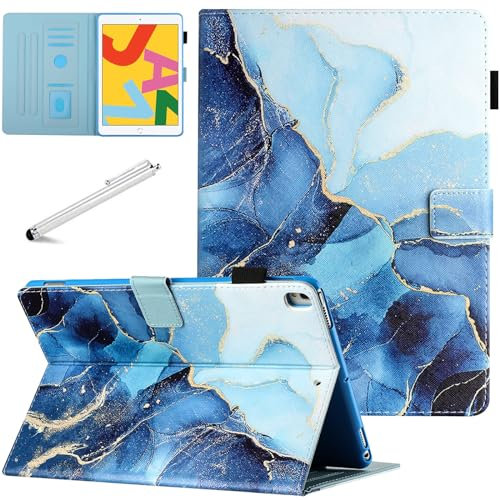 Fancity for iPad 9th/8th/7th Generation (2021/2020/2019) 10.2 Inch PU Leather Case with Pen Holder, Smart Wake Sleep Stand Cover with Card Slot - Marble Blue