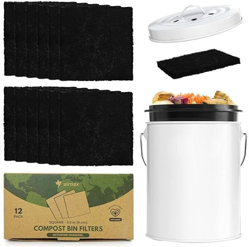 AIRNEX Kohlefilter für Komposteimer – Packung mit 12 extra dicken Aktivkohle-Geruchsfiltern, Ersatz-Set für Küchenkompostierung – 3,5 x 0,10,2 cm