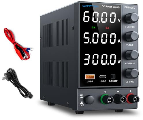 Fuente de alimentación de laboratorio ajustable 60V 5A Fuente de alimentación Regulable de CC con USB-A/Tipo-c Pantalla LED de 4 dígitos Fuente de alimentación reguladora de codificador de banco