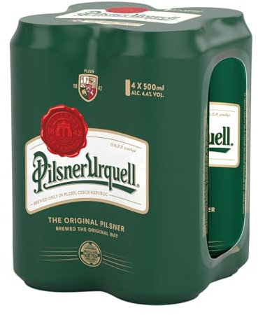 Pilsner Urquell Birra Pils, Multipack Birra con 4 Birre in Lattina da 50 cl, 2 L, Gusto Pieno Intensamente Luppolato, Gradazione Alcolica 4.4% Vol