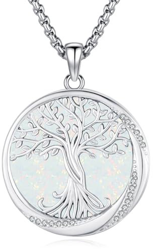 Eusense Baum des Lebens Halskette für Frauen 925 Sterling Silber Baum des Lebens Anhänger mit weißen Opal Baum Anhänger Kette für Frauen Mädchen