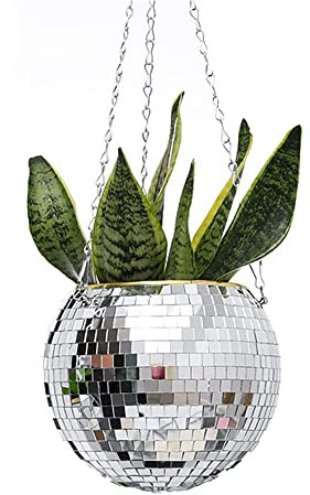 KTW1A3 15cm Planteur de Boule de Disco,Pot de Fleurs Boule à Facettes avec Chaîne et Corde en Macramé, Boho Macramé Plante Cintre pour Intérieur Extérieur Maison Jardin Jardinière Décor