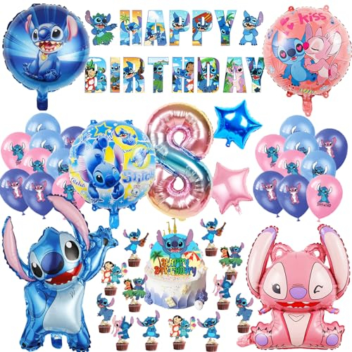 Oirigaga 44 Stück Geburtstagsdeko Set für 8 Jahre Jungen Mädchen, Kinder Geburtstag Luftballons, Cartoon-Stch Party Deko Helium Ballons Folienballons mit Happy Birthday Banner und Tortendeko