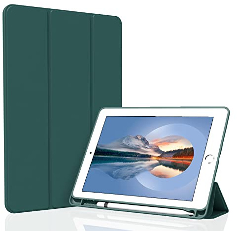 Figair Hülle für iPad 5./6. Generation 9,7 Zoll (2017/2018), Dunkelgrün | ultradünne leichte Smart Schutzhülle mit weicher TPU Rückseite, Auto-Schlaf-/Weckfunktion und Stifthalter