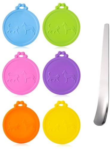 SLSON Pet Food Can Lids Set 6 Piece Can Covers with 1 Spoon Universal Pet Food Covers Lids for Dog Cat Food Storage