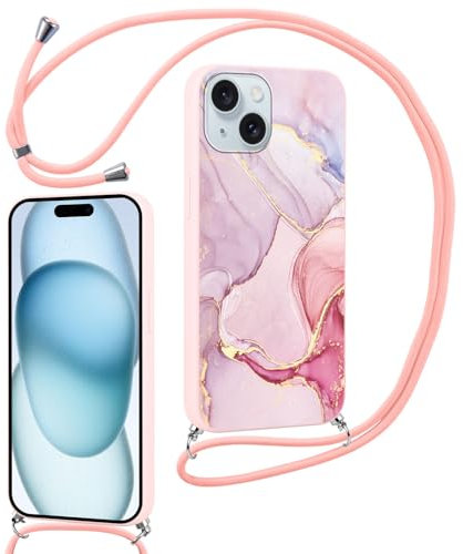 ZhuoFan Custodia con Cordino per Apple iPhone 15 6,1 con Disegni, Marmo Rosa Silicone Aesthetic Cover, Morbido TPU Bumper Antiurto Protettivo Case con Regolabile Collana Laccio per iPhone 15
