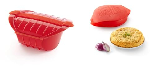 Lékué - Estuche hondo de vapor XL, capacidad de 1000 ml, color rojo, para 3-4 personas & Spanish Omelette - Molde para tortilla española, color rojo