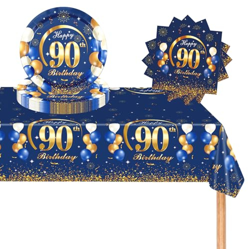 POPOYU 37Pcs Navy Blue Gold 90th Birthday Tableware Set,90th Birthday Napkins Blue and Gold,90th BlueGold Table Cloth,90thBirthday Paper Plates for Him Her Men Women BirthdayGift Party Supplies