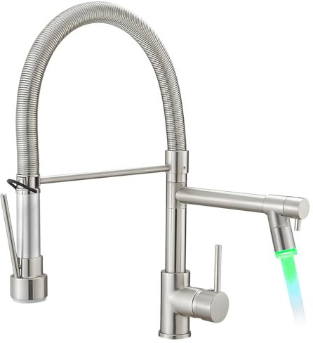 TIMACO LED Wasserhahn Küche mit Schloss Brause Ausziehbar - 360° Schwenkbar Küchenarmatur mit Spiralfeder,Einhebel Mischbatterie - Hochdruck Spültischarmatur-LED Gebürstetes Nickel