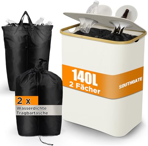 SOUTHGATE Pfandflaschen Sammelbehälter 140L mit Deckel, 2 Fächer & Tragetasche | Faltbar, Geruchsdicht & 100% Recycelbar | Für Küche, WG, Party | Ideal für Weihnachten & Großfamilien