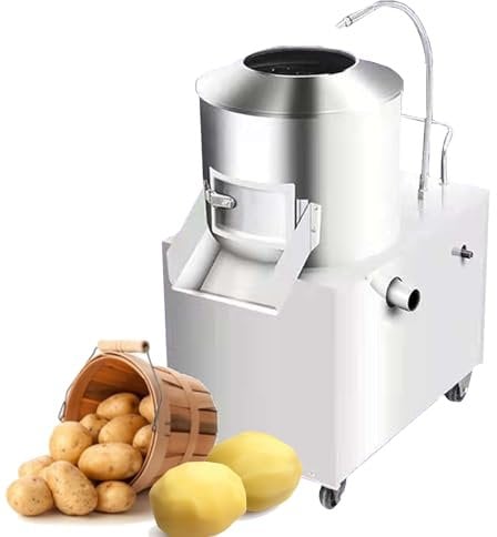 Commercial Potato Peeler, Automatic Potato Washer Caster Wheels 200kg/h Quick peeling with 350 stainless steel inner cylinder 1500W High speed motor Adjustable Soft Water Pipe, for Taro Ginger Sweet.