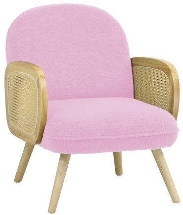 Totò Piccinni Poltroncina DALY in Velluto Bouclè imbottito con braccioli in paglia di vienna e piedini in legno (Rosa, Poltrona)