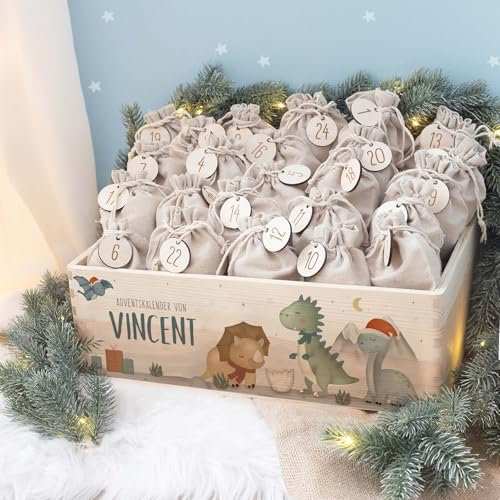 Personalisierte Adventskiste - Adventskalender aus Holz mit Namen - Gravur Kalender DIY - Weihnachtskalender für Kinder - hello mini (Dino Druck)