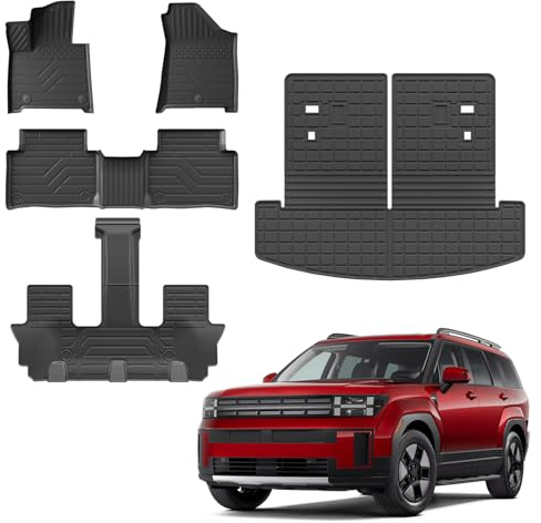 Thinzyou Floor Mats Compatible with 2024 2025 2026 Hyundai Santa Fe Cargo Liner Fit Gas&Hybrid TPE All Weather Back Seat Cover Protector Santa Fe Accessories (Trunk Mat with Backrest Mat+Floor Mats)