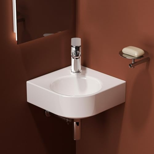 EMKE Small Bathroom Sink Wall Mounted Cloakroom Wash Basin Ceramic Bathroom Vessel Sink White Corner Sink 315 x 315 x 155mm (LxWxH)