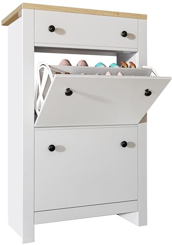 Shoe Cabinet with 2 Flip Drawers Wooden Shoe Storage Organiser Cupboard Narrow Shoes Rack Cabinet Freestanding Footwear Rack Stand Hallway, Entryway, White 65W x 24D x 107H cm