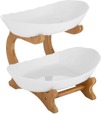 2-Tiers Fruit Serving Tray Fruit Basket Kitchen Fruit Bowl Storage Rack Oval Bowl Stand Pastry Vegetable Display Baskets Bamboo Wood Frame + PP Bowls for Place Desserts Candies Fruits etc (White)