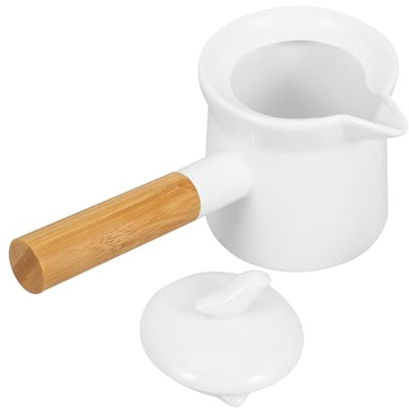 STOBAZA Mini Casserole à Lait En Céramique 350 Ml Blanche Manche En Bois, Chauffe-beurre Pratique, Petite Casserole Cuisine Domestique Et Préparation De Sauces
