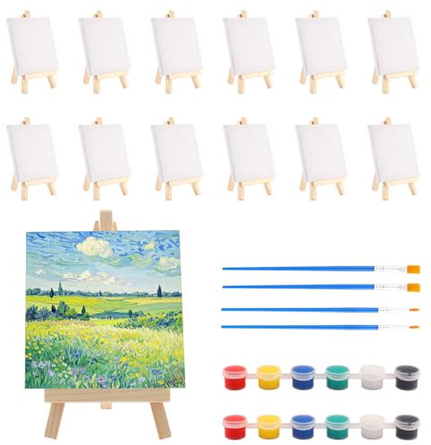 Zosenyer Lot de 12 Mini Chevalet, 15*18 cm Petit Chevalet Peinture en Bois Présentoir de Table avec Toiles Peinture Assorties et 12 Peintures Acryliques, 4 Pinceaux, Kit Dessin Pour Enfant et Adultes