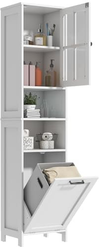 GoaHi 67.5 Tall Bathroom Cabinet, Tall Storage Cabinet with Laundry Basket, 2 Open Compartment and Clear Acrylic Door, Freestanding for Bathroom, Living Room, Kitchen & Dining, Hallway White