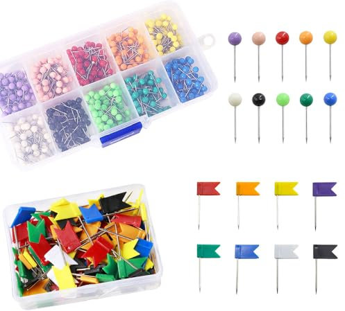 Gotetiso 600 Stück Karte Nagel Pinnadeln und Fahnennadeln Bunt Rundkopf Stecknadeln Markierfähnchen Reißzwecken für Pinnwand Buntkopf Pushpins für DIY Wandkarten Markier Fahnen Kork Boards Bulletin