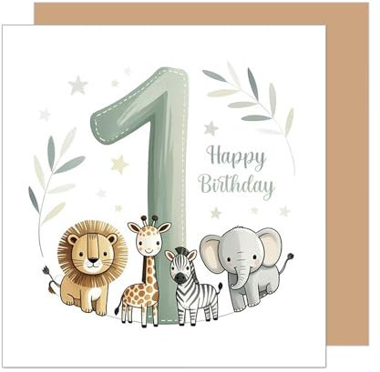 Edition Seidel Premium quadratische Glückwunschkarte zum 1. Geburtstag mit Umschlag. Geburtstagskarte Karte mit englishem Text Spruch Happy Birthday für Mädchen Junge Kind Tiere (GQ532 SW025)