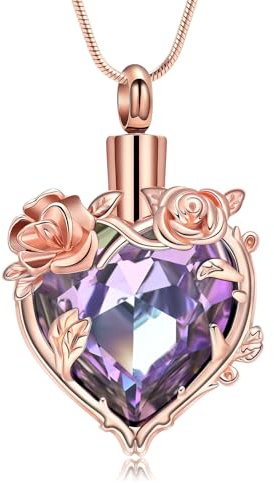 Rstnxnnl Rose Cremation Jewelry Rose Flower with Heart Crystal Heart Urn Necklaces for Ashes for Urn Pendant Keepsake Memorial Jewelry for Women Girls With Funnel Kit & Bag