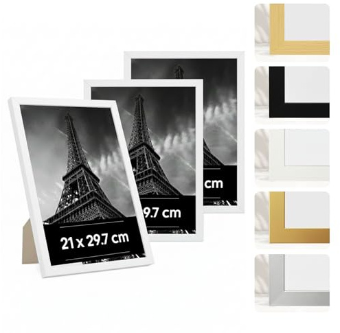JCNORD Estancia 3 Stück A4 Bilderrahmen aus Weißem Kunststoff, 21 x 29,7 cm – 3er-Pack 21x29,7 cm Rahmen mit Bruchsicherem Acrylglas – Moderner Fotorahmen für Wände und Tische