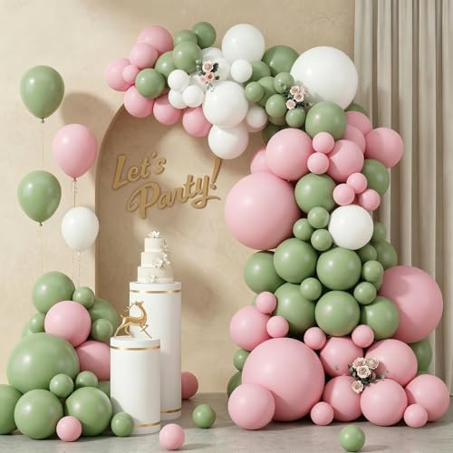 Kit d'arche de ballons roses et verts, 45,7/30,5/25,4/25,4/12,7 cm, vert sauge, rose, blanc pour Pâques, jungle, safari, anniversaire, fête prénatale, goûter, décorations