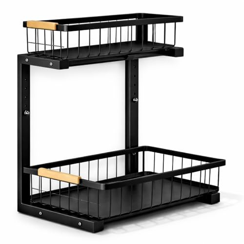 KALIM Rangement sous Évier Coulissant 2 Niveaux, Organisateur Cuisine Métal Anti-Rouille, Hauteur Réglable 35-43 cm, Plateau 30 cm, Tiroir Extractible, Cuisine, Salle de Bain