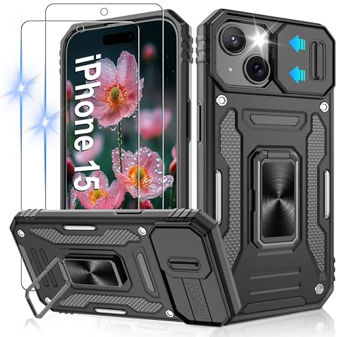 Jshru for iPhone 15 Phone Case with Screen Protector | Camera Protective Cover | Magnetic Ring Kickstand,Shockproof Bumper Phone Cover for iPhone 15,Black