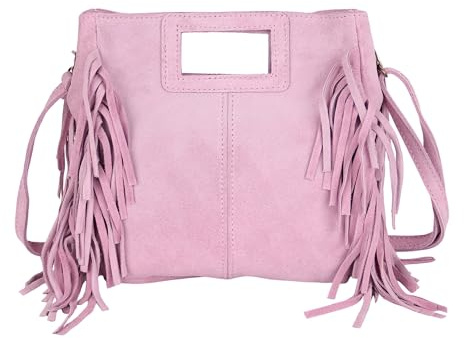 MIRROSI® Damen Umhängetasche aus Wildleder mit Fransen – Made in Italy, Boho Stil Schultertasche, 23 × 24 × 7 cm, hochwertige Ledertasche (Flieder)