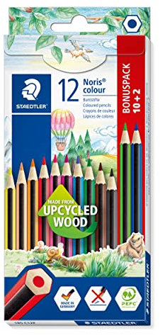 STAEDTLER Buntstifte Noris colour, rutschfeste Soft-Oberfläche, hohe Bruchfestigkeit, Made from Upcycled Wood, intensive Farben, Sechskantformat, 10 + 2 Farbstifte im Kartonetui, 185 C12P