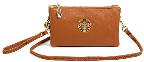 Womens Small Clutch Bags with Wristlet and Long Adjustable Strap (Brown)