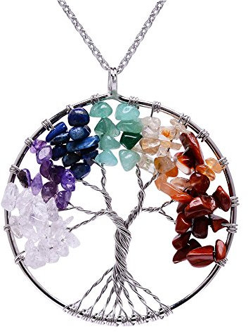Collier Femme Arbre de Vie Collier Pendentif Cuivre Chakra Pierre Améthyste Pendentif Collier Chaîne Longue Réglable Y Collier pour Filles (White + color stone)